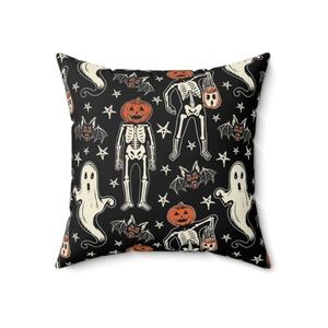 Too Fast Retro HALLOWEEN Decorative PILLOW  Ghost Skeleton Pumpkin Bat 14”
